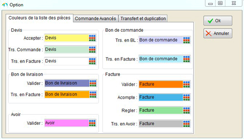 Personnalisation de la liste des pièces par couleurs